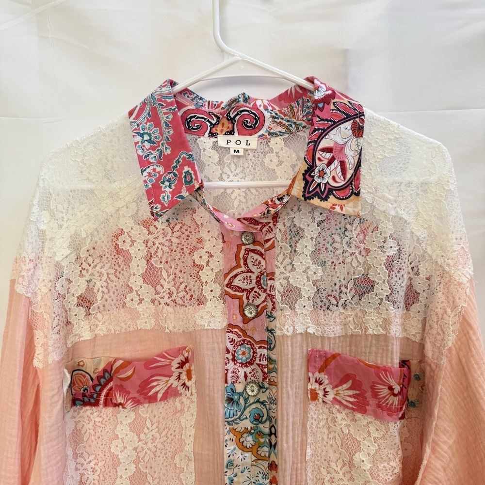 POL Patchwork Floral Trim Long Sleeve Women's Gauze Button Up‎ Shirt Size M - Picture 5 of 16